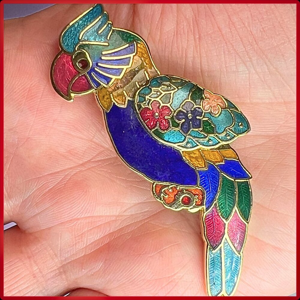Cloissone Parrot, Colorful Gold Tone Brooch Pin